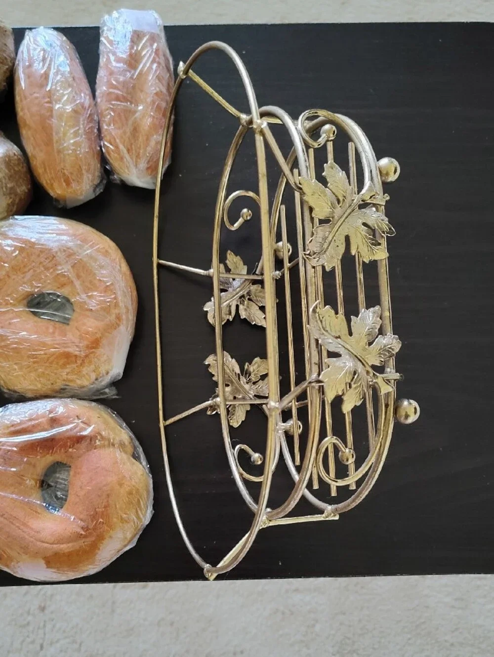 Gold Wire Bread Basket with Brown Decorative Bread